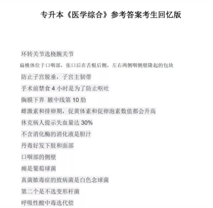 成人高考2021年专升本医学综合真题答案